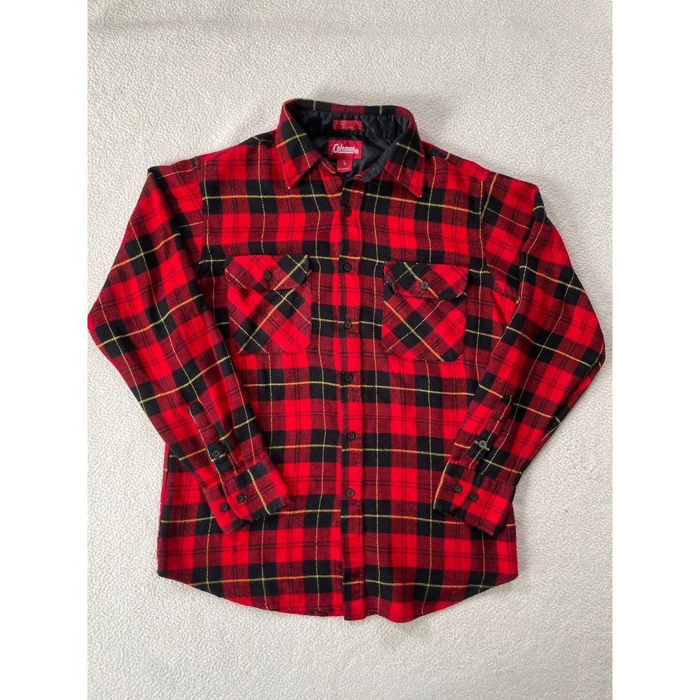 Coleman Mens Medium‎ Flannel Shirt Red Black Plaid Long Sleeve Button Down